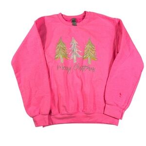 Gildan Pink “Merry Christmas” Sweatshirt with Metallic Tree‎ Design Size Small